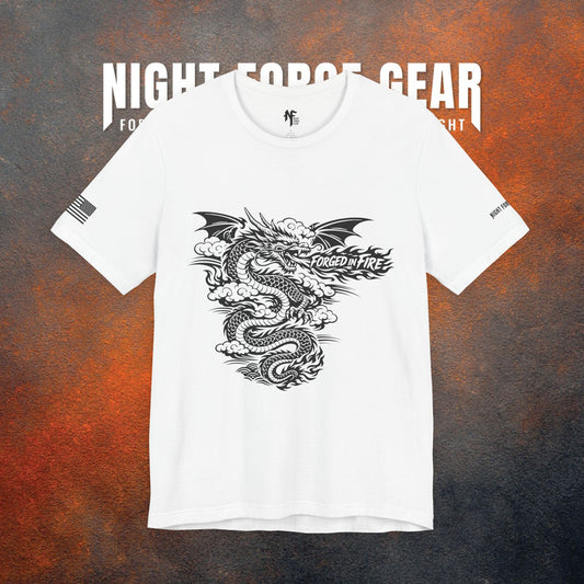 White t-shirt with black dragon design on a textured brown background with 'Night Force Gear' text.