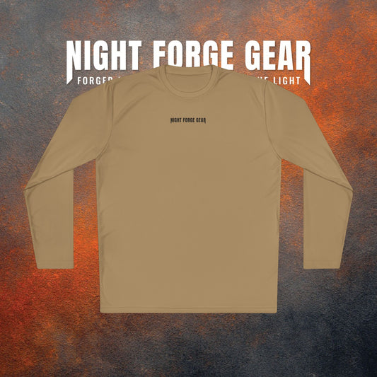 Beige long-sleeve shirt with 'Night Forge Gear' branding on a textured brown background